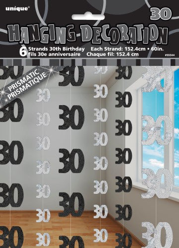 Glitz Black And Silver 6 Hanging Decorations 30th Birthday 1.5m