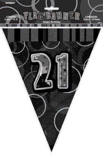 GLITZ BLACK AND SILVER FLAG BANNER 21ST BIRTHDAY