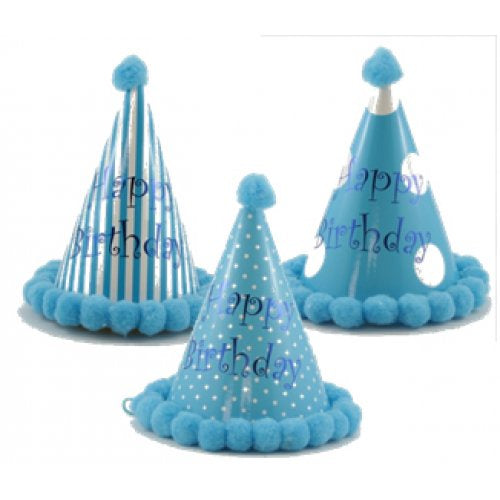 PomPom Hats Happy Birthday 200mm Blue Pack of 1