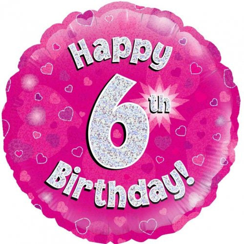 Foil Balloon 18"(45cm) Pink Holographic Happy 6th Bday Round P1