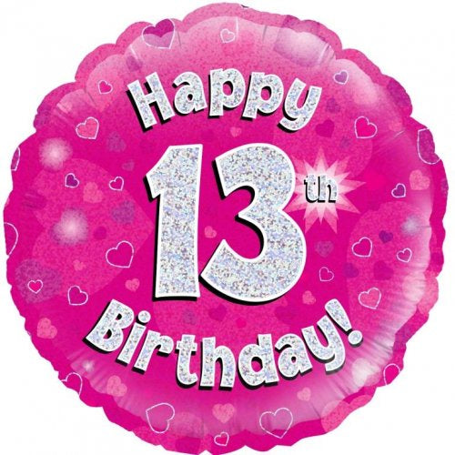 Foil Balloon 18"(45cm) Pink Holographic Happy 13th Bday Round P1