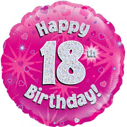 Foil Balloon 18"(45cm) Pink Holographic Happy 18th Bday Round P1