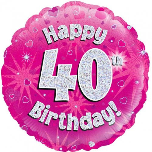 Foil Balloon 18"(45cm) Pink Holographic Happy 40th Bday Round P1