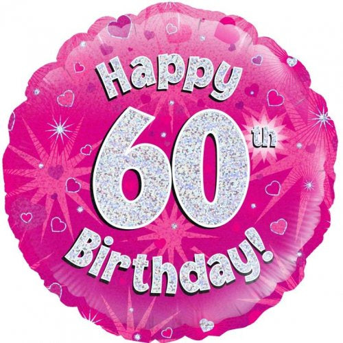 Foil Balloon 18"(45cm) Pink Holographic Happy 60th Bday Round P1