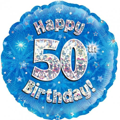 Blue Holographic Happy 50th Bday Round P1