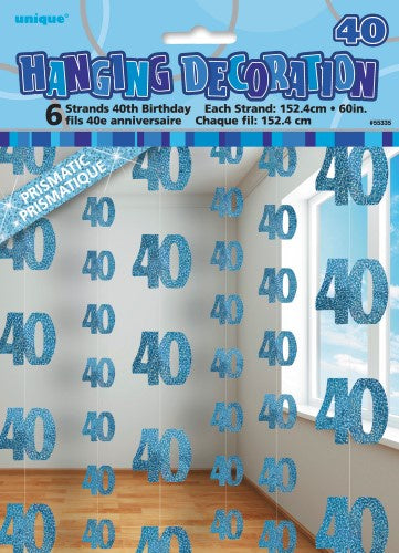 Glitz Blue 6 Hanging Decorations 40th Birthday 1.5m