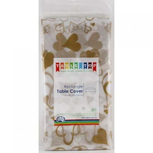 Rectangle Plastic Tablecover Gold Hearts Printed Clear