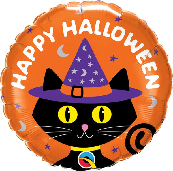 18" ROUND FOIL PRINT HALLOWEEN BLACK CAT & HAT