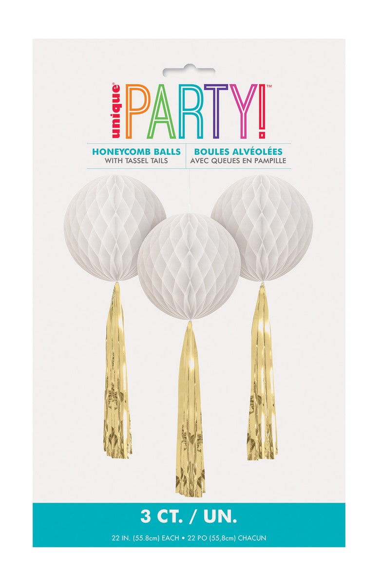 HONEYCOMB BALLS WHITE FOIL TASSEL TAIL DECORATION