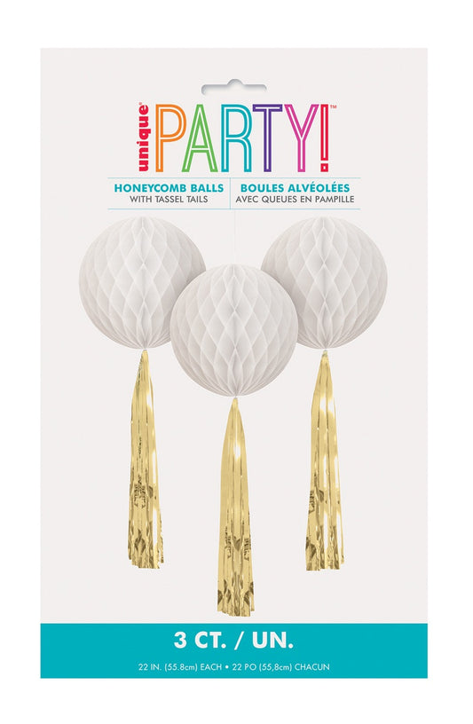HONEYCOMB BALLS WHITE FOIL TASSEL TAIL DECORATION