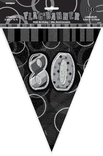 Glitz Black And Silver Flag Banner 80th Birthday