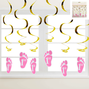 1st Birthday Girl Swirl Decorations Pack Of 6