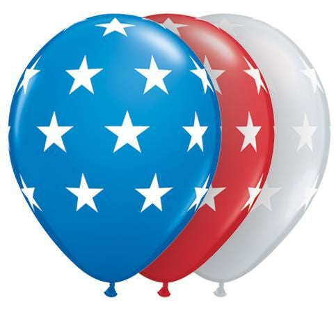 Qualatex Printed Latex 25/28cm (11") Big Stars (Blue, Red, Clear)