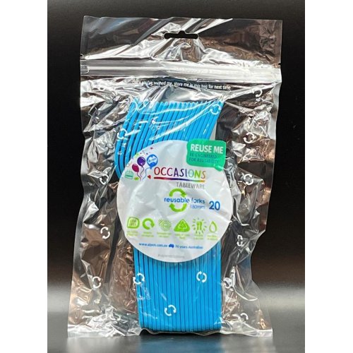 Reusable PP5 Plastic Forks Azure Blue 190mm Pack of 25 Durable Dishwasher Safe