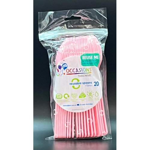 Reusable Light Pink Plastic Spoons 170mm Pack of 20 Durable PP5 Party Cutlery