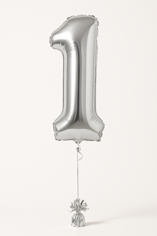 Foil Number Balloon 1 – Helium Filled with Balloon Weight – Silver Metallic Party Decoration