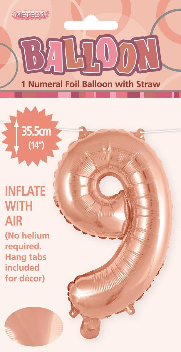 Rose Gold "9" Foil Balloon - 14 Inch (35cm) Number Nine Birthday Decoration for Parties & Celebrations