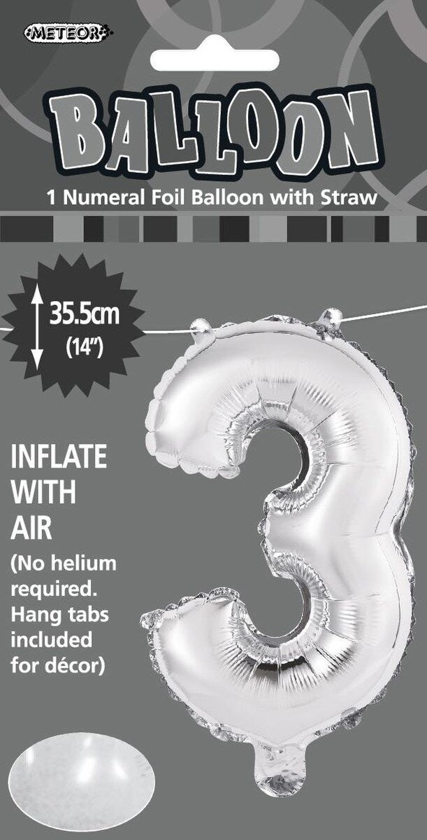 Silver "3" Foil Balloon - 14 Inch (35cm) Number Three Birthday Decoration for Parties & Celebrations
