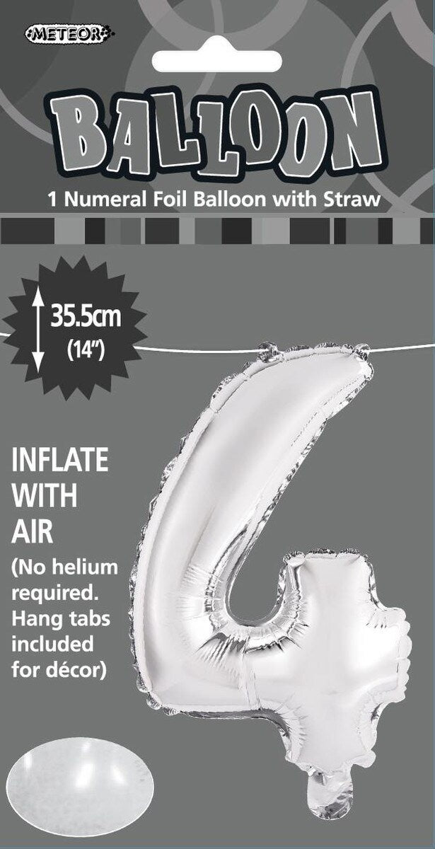 Silver "4" Foil Balloon - 14 Inch (35cm) Number Four Birthday Decoration for Parties & Celebrations