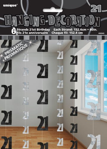 Glitz Black And Silver 6 Hanging Decorations 21st Birthday 1.5m