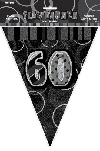 GLITZ BLACK AND SILVER FLAG BANNER 60TH BIRTHDAY