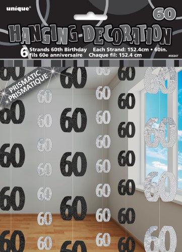 Glitz Black And Silver 6 Hanging Decorations 60th Birthday 1.5m