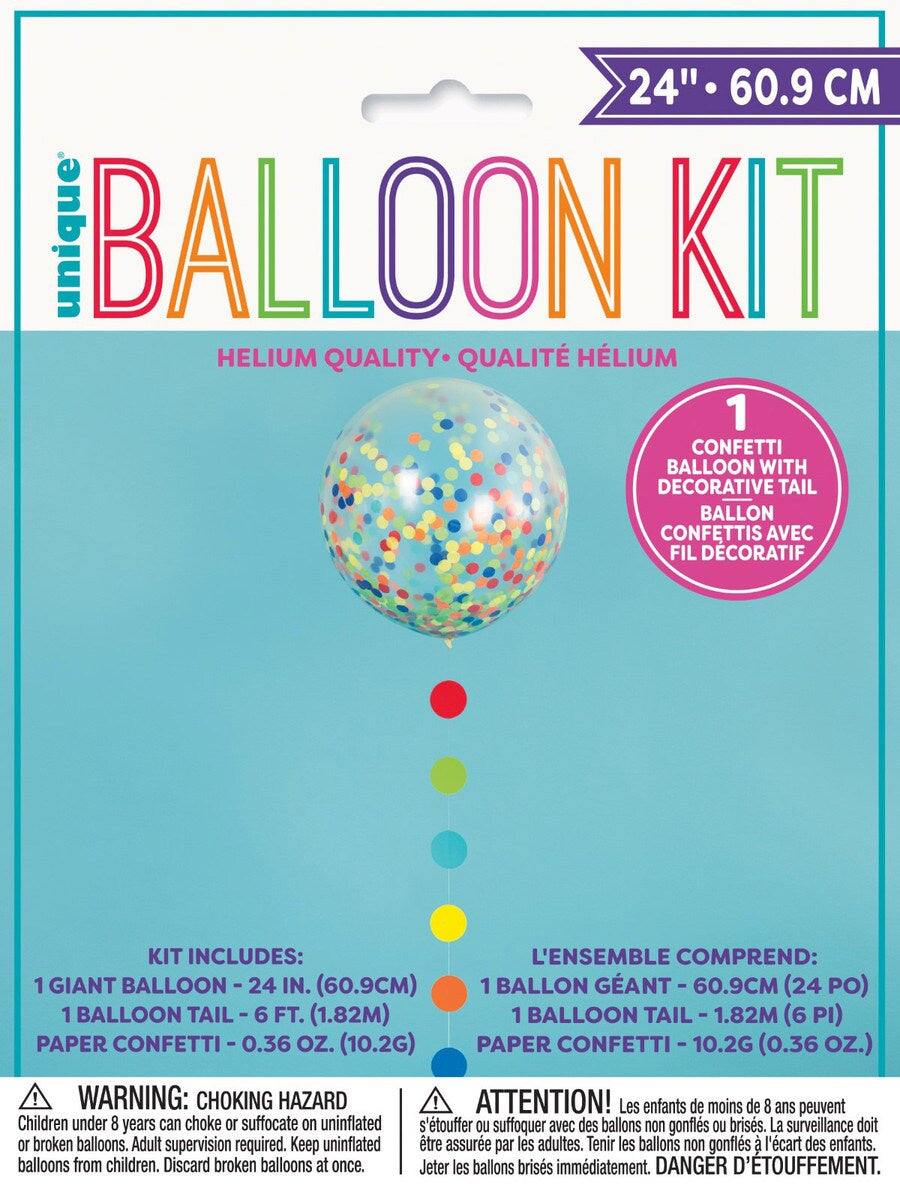Clear 60.9 (24") Balloon With Multi Coloured Confetti & Dots Tail