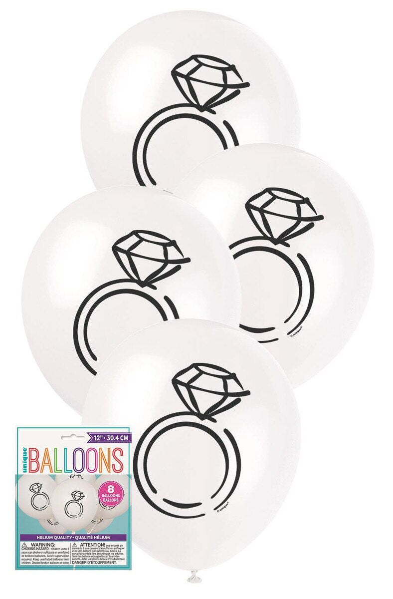 White Latex Balloons with Diamond Ring Print – 30cm (12") – Pack of 8