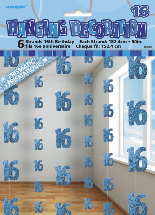 Glitz Blue 6 Hanging Decorations 16th Birthday 1.5m