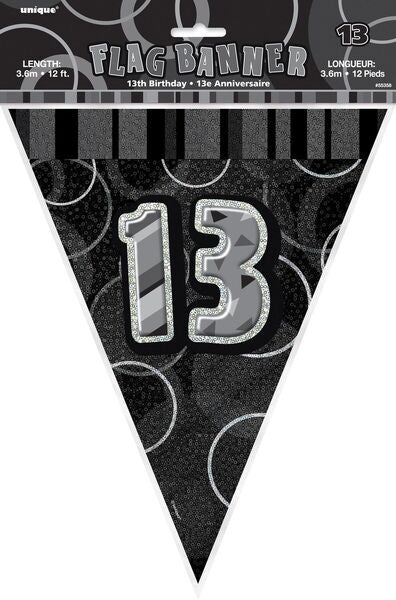 Glitz Black And Silver Flag Banner 13th Birthday