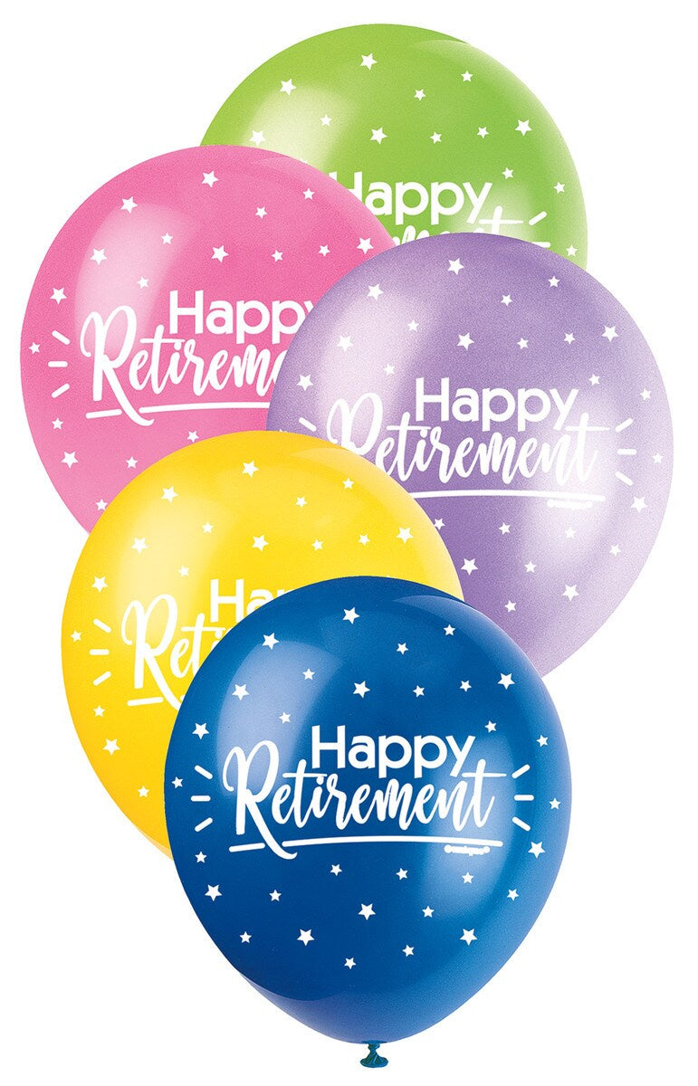 Happy Retirement 5 x 30cm (12") Pearl Balloons – Assorted Colours, Printed All Sides – Perfect for Retirement Parties and Celebrations
