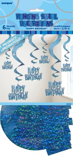 Glitz Blue 6 Hanging Swirls Decorations Happy Birthday