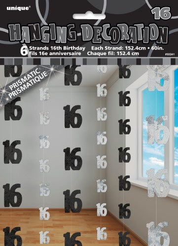Glitz Black And Silver 6 Hanging Decorations 16th Birthday 1.5m