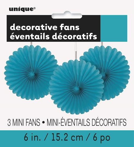 3 Mini Decorative Fan Tissue Paper Teal 15cm