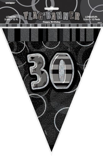 Glitz Black And Silver Flag Banner 30th Birthday