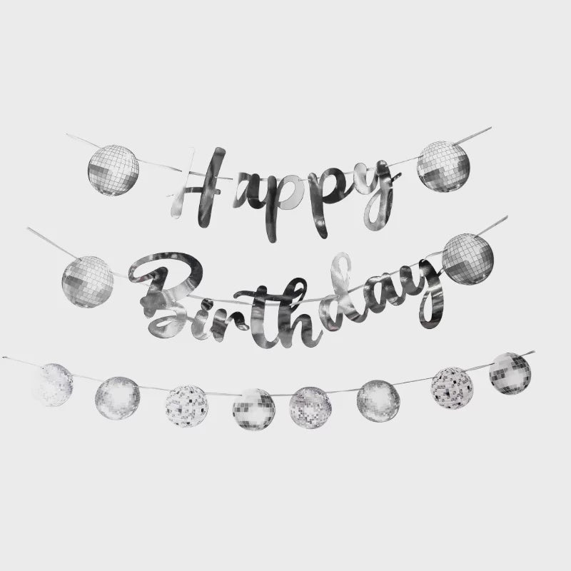 Disco Ball Happy Birthday Banner Silver 5m