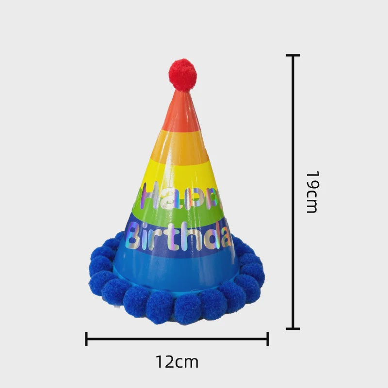 Pom Pom Happy Birthday Party Hat – Rainbow (12 x 19 cm)