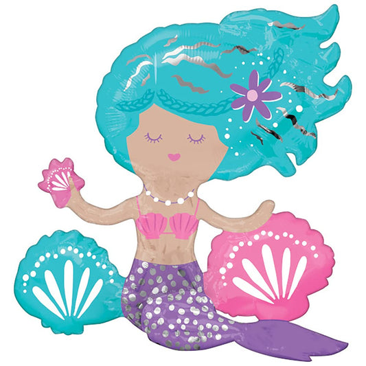 Anagram Shimmering Mermaid Air-Filled Sitter Balloon – 17" x 18" Multicolor Foil – Underwater Themed Birthday Party Decoration (1 Pc.)