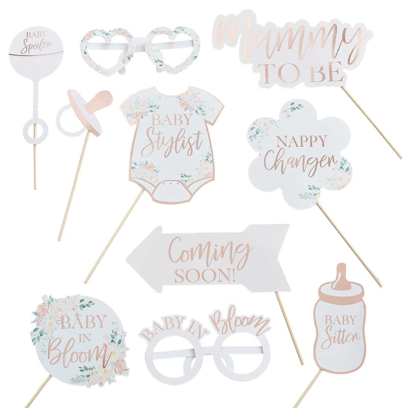 Baby in Bloom Photobooth Props – Rose Gold Foiled – 10 Photo Booth Props for Baby Shower, Gender Reveal, and Milestone Celebrations – Various Sizes (8cm-22cm W x 9cm-17cm H)