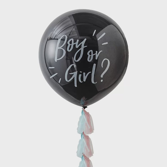 Gender Reveal Balloon with Tassel – 36″ Black Balloon with Pink & Blue Confetti (1 Set)