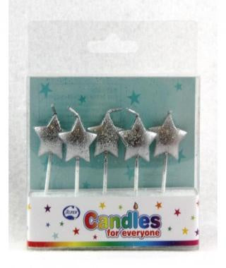 STAR GLITTER SILVER CANDLES PACK OF 5