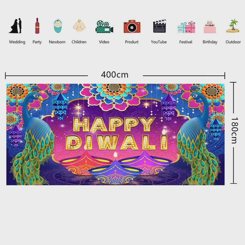 Happy Diwali Backdrop 400×180cm – Large Festival Decoration Banner for Diwali Parties and Events