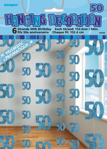 Glitz Blue 6 Hanging Decorations 50th Birthday 1.5m
