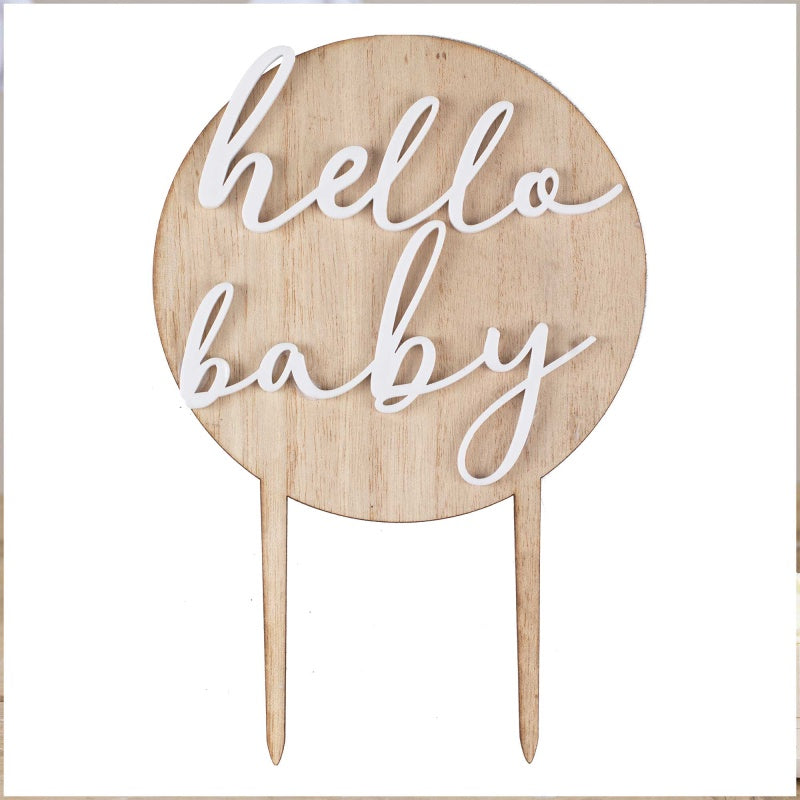 HELLO BABY WOOD & ACRYLIC BABY SHOWER CAKE TOPPER