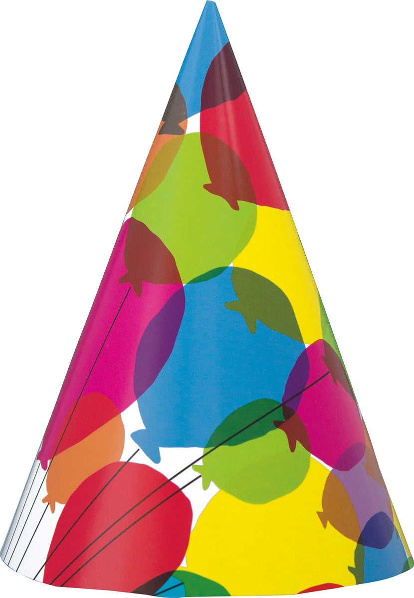 BALLOONS AND RAINBOW PARTY HATS PACK OF 8