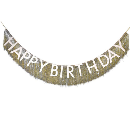 Gold Party Fringe Birthday Bunting - 1.5m "Happy Birthday" Tinsel Banner for Party Decor