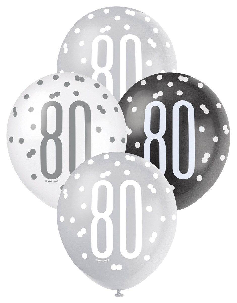 Black, Silver & White Assorted Latex Balloons 30cm (12") – Pack of 6 (80th Birthday)