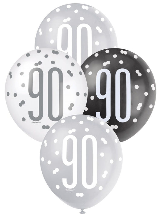 Black, Silver & White Assorted Latex Balloons 30cm (12") – Pack of 6 (90th Birthday)