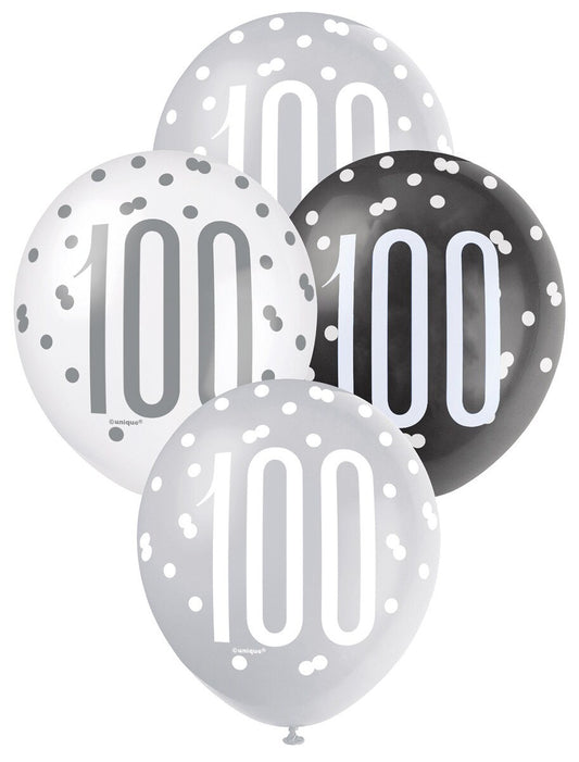 Black, Silver & White Assorted 6 x 30cm (12") Latex Balloons Printed 100