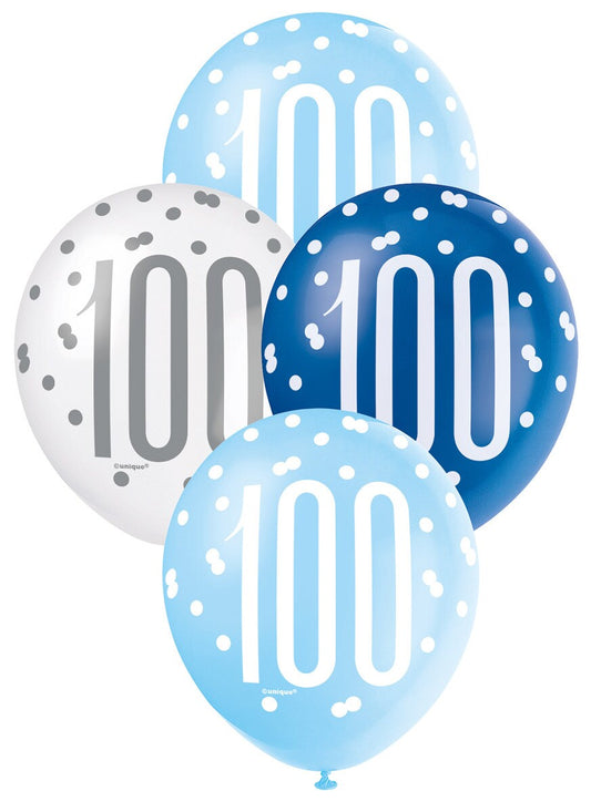 Blue & White Assorted Latex Balloons 30cm (12") – Pack of 6 (100th Birthday)